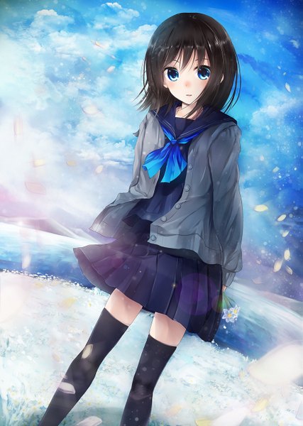 Anime picture 895x1258 with original shino miduki single long hair tall image looking at viewer blue eyes black hair pleated skirt wind hands behind back girl thighhighs skirt uniform flower (flowers) black thighhighs school uniform petals