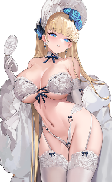 Anime picture 2275x3692 with original mendou kusai single long hair tall image looking at viewer blush fringe highres breasts blue eyes light erotic simple background blonde hair standing white background holding parted lips hair flower off shoulder