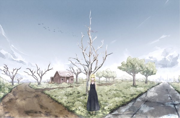 Anime picture 1942x1273 with original minamito single long hair highres blonde hair brown eyes sky cloud (clouds) girl dress plant (plants) animal tree (trees) bird (birds) building (buildings) sundress house road