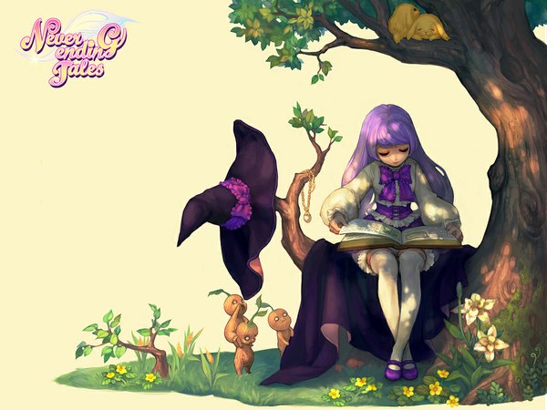 Anime picture 1024x768 with original obsidian single long hair fringe sitting holding purple hair inscription crossed legs lacing reading girl thighhighs flower (flowers) bow plant (plants) hat animal white thighhighs