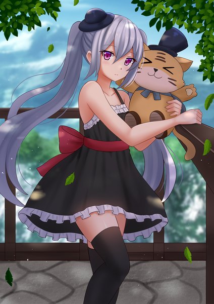 Anime picture 1200x1697 with granblue fantasy orchis kazenokaze single long hair tall image looking at viewer blush fringe hair between eyes purple eyes twintails bare shoulders holding payot silver hair bent knee (knees) outdoors wind depth of field