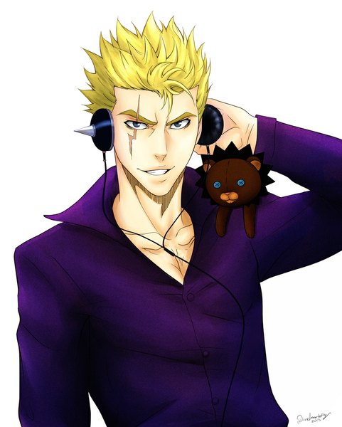 Anime picture 900x1123 with bleach fairy tail studio pierrot kon laxus dreyar divineimmortality single tall image looking at viewer short hair simple background blonde hair smile white background grey eyes scar arm behind head crossover messy hair hand on headphones