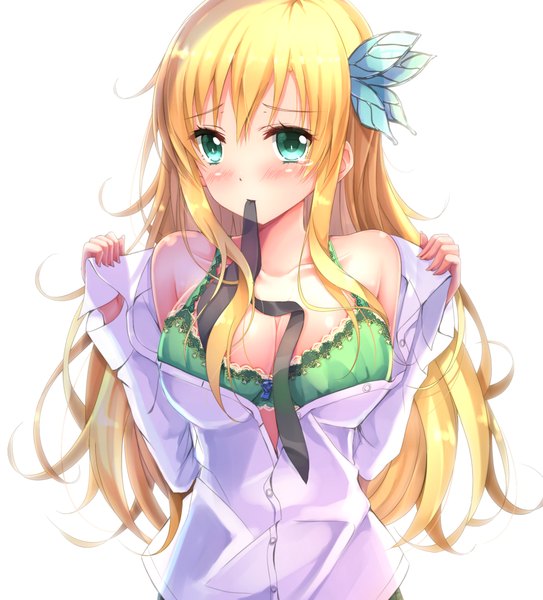 Anime picture 985x1087 with boku wa tomodachi ga sukunai kashiwazaki sena swordsouls single long hair tall image looking at viewer breasts light erotic simple background blonde hair large breasts white background bare shoulders holding green eyes cleavage open clothes open shirt embarrassed