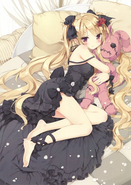 Anime picture 2350x3300 with original eshi 100-nin ten kani biimu single long hair tall image looking at viewer blush highres blonde hair twintails bare shoulders pink eyes looking back barefoot scan loli embarrassed turning head on side