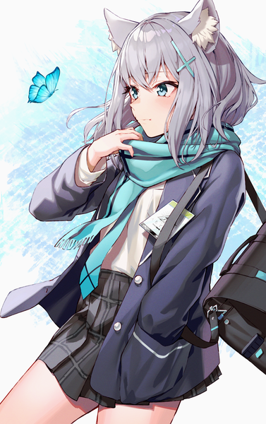 Anime picture 1023x1629 with blue archive shiroko (blue archive) black cola single tall image fringe short hair simple background hair between eyes animal ears looking away pleated skirt aqua eyes grey hair plaid skirt hand in pocket girl skirt uniform hair ornament