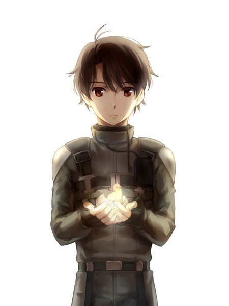 Anime picture 750x1000 with aldnoah.zero a-1 pictures kaizuka inaho kanmuri (hanyifan30338) single tall image looking at viewer fringe short hair simple background hair between eyes red eyes brown hair white background holding ahoge military bird on hand boy uniform