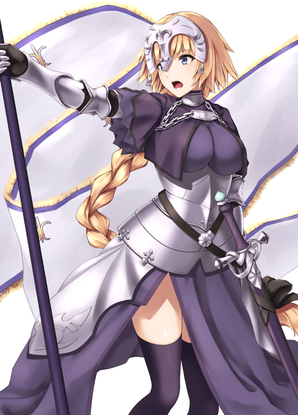 Anime picture 794x1104 with fate (series) fate/grand order jeanne d'arc (fate) (all) jeanne d'arc (fate) enchuu single long hair tall image blush fringe breasts open mouth blue eyes simple background blonde hair large breasts standing white background holding looking away