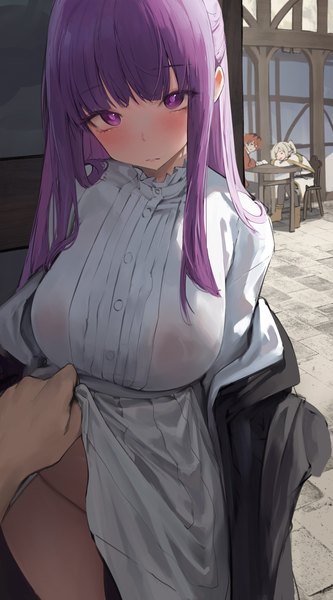 Anime-Bild 2500x4509 mit sousou no frieren frieren fern (sousou no frieren) stark (sousou no frieren) leviathan (hikinito0902) long hair tall image looking at viewer fringe highres breasts light erotic large breasts standing purple eyes multiple girls purple hair outdoors blunt bangs off shoulder