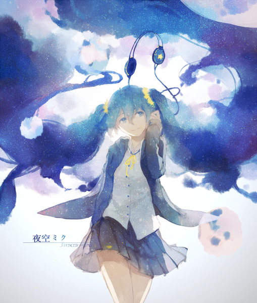 Anime picture 714x841 with vocaloid hatsune miku spencer sais single tall image looking at viewer blue eyes smile standing twintails blue hair very long hair pleated skirt night night sky hand in pocket girl skirt headphones star (stars)
