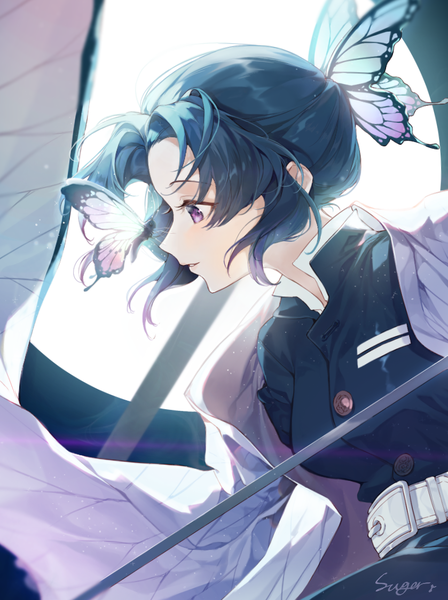 Anime picture 839x1123 with kimetsu no yaiba ufotable kochou shinobu 00suger001 single tall image short hair black hair purple eyes payot looking away traditional clothes japanese clothes profile close-up cropped girl hair ornament belt insect