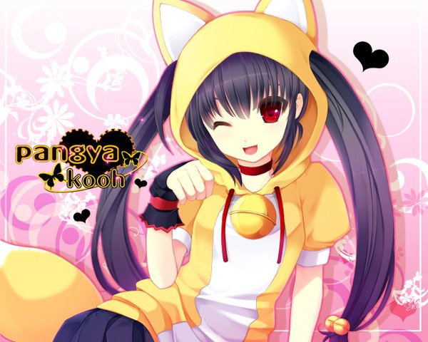 Anime picture 1280x1024 with pangya kooh black hair red eyes twintails animal ears heart bell