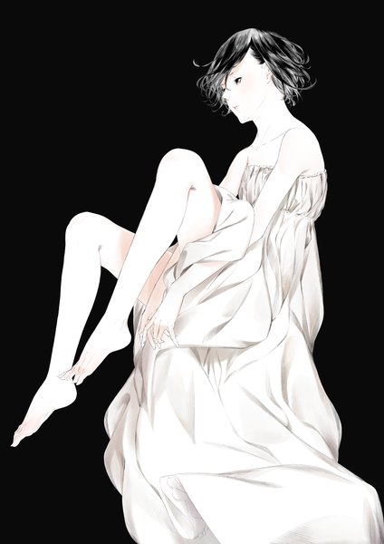 Anime picture 1060x1500 with original sousou (sousouworks) single tall image fringe short hair black hair simple background sitting bare shoulders looking away full body barefoot black eyes monochrome revision white skin girl dress white dress