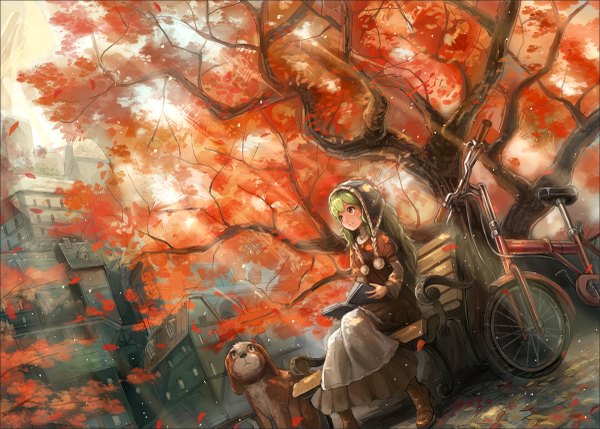 Anime picture 1200x859 with original matsumoto mitsuaki long hair brown eyes green hair autumn girl plant (plants) animal tree (trees) book (books) leaf (leaves) ground vehicle dog bench bicycle