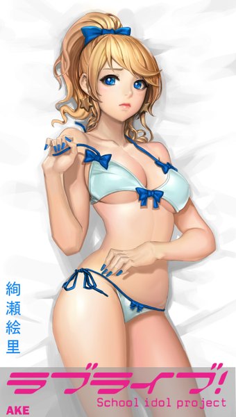 Anime picture 1616x2848 with love live! school idol project sunrise (studio) love live! ayase eli ake (cherrylich) single long hair tall image looking at viewer breasts blue eyes light erotic blonde hair ponytail lying girl bow swimsuit hair bow bikini