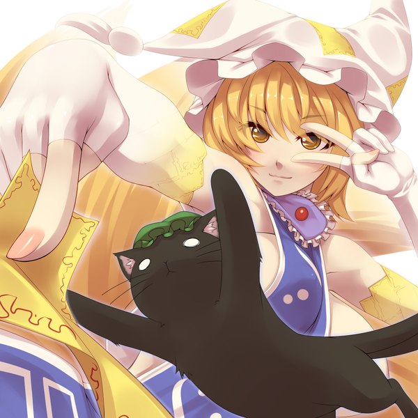 Anime picture 2000x2000 with touhou yakumo ran tro single looking at viewer highres short hair blonde hair yellow eyes girl gloves elbow gloves cat bonnet ofuda