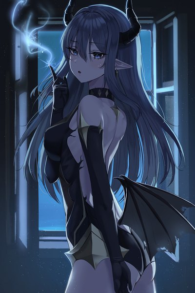 Anime picture 1200x1802 with original junkt729 single long hair tall image looking at viewer blush fringe breasts open mouth blue eyes light erotic black hair hair between eyes standing ass indoors horn (horns) pointy ears :o