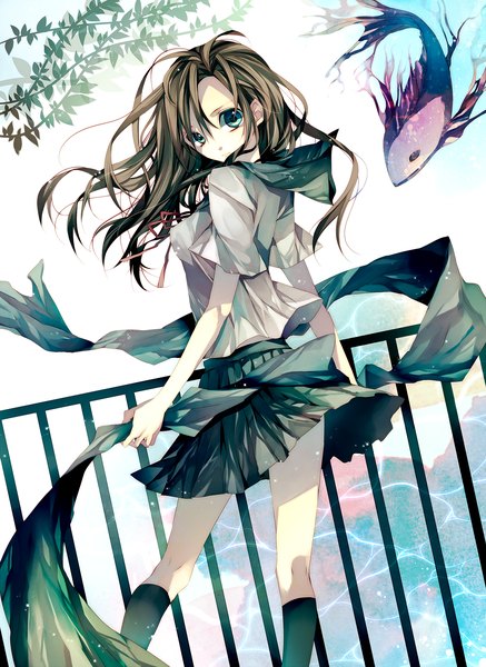 Anime picture 1275x1750 with tsukioka tsukiho long hair tall image brown hair aqua eyes girl skirt water serafuku fish (fishes)