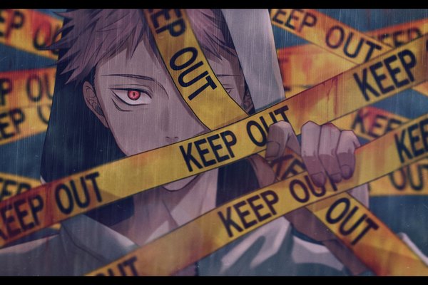 Anime picture 3464x2309 with jujutsu kaisen mappa itadori yuuji hama m single looking at viewer highres short hair pink hair absurdres upper body pink eyes letterboxed rain covered mouth covering eye (eyes) boy hood caution tape
