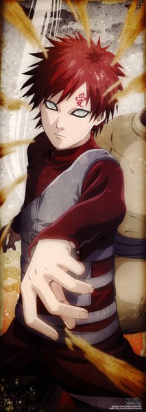 Anime picture 2133x6011 with naruto studio pierrot naruto (series) gaara single tall image looking at viewer highres short hair green eyes red hair inscription sand jinchuriki boy pitcher