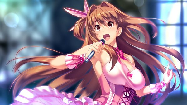 Anime picture 1024x576 with d-eve in you akatsuki shion long hair open mouth brown hair wide image brown eyes game cg girl dress microphone