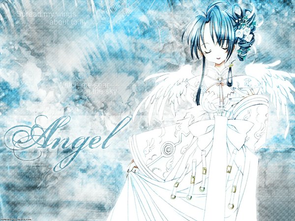 Anime picture 1024x768 with original nanase aoi single long hair signed blue hair eyes closed angel wings third-party edit white wings asymmetrical hair girl dress wings white dress