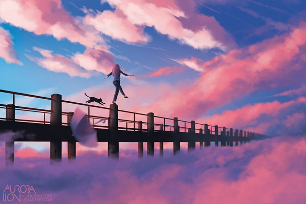 Anime picture 1173x784 with original auroralion long hair standing signed pink hair sky cloud (clouds) from behind standing on one leg spread arms girl animal umbrella cat bridge