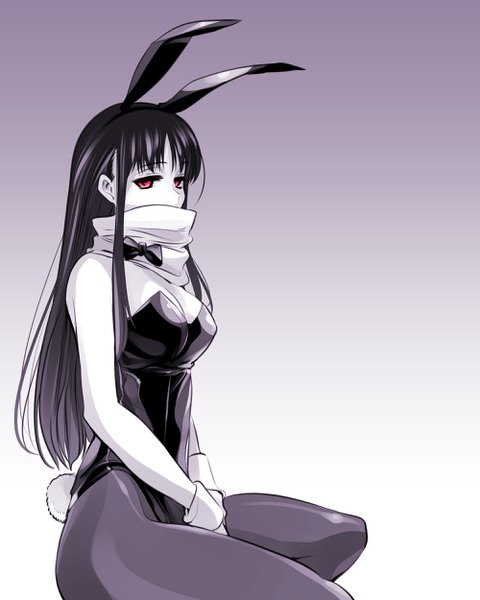 Anime picture 2000x2500 with original kuchisake-onna ishiyumi single long hair tall image looking at viewer fringe highres breasts light erotic black hair simple background red eyes sitting animal ears payot cleavage tail animal tail