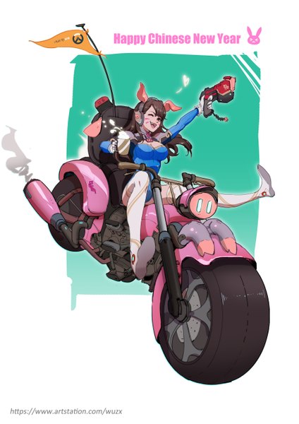 Anime-Bild 1920x2716 mit overwatch blizzard entertainment d.va (overwatch) zhong-x wu single tall image looking at viewer fringe highres breasts open mouth light erotic simple background smile hair between eyes sitting holding animal ears cleavage full body