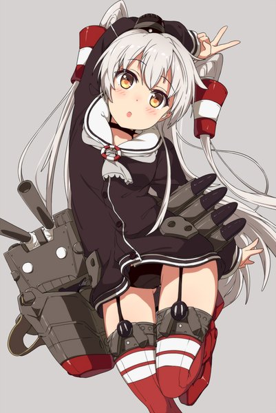 Anime picture 669x1000 with kantai collection amatsukaze destroyer rensouhou-kun ogipote single long hair tall image looking at viewer blush fringe open mouth light erotic simple background hair between eyes standing yellow eyes silver hair bent knee (knees) head tilt grey background
