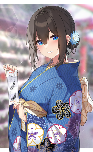 Anime picture 2573x4177 with idolmaster idolmaster cinderella girls sagisawa fumika go-1 single tall image fringe highres short hair blue eyes hair between eyes brown hair upper body outdoors traditional clothes japanese clothes blurry sparkle hair bun (hair buns) lens flare