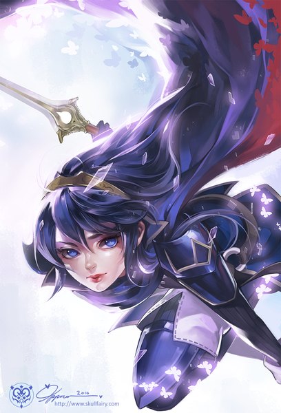 Anime picture 800x1176 with fire emblem fire emblem awakening lucina (fire emblem) ippus single long hair tall image looking at viewer fringe blue eyes hair between eyes holding signed blue hair bent knee (knees) wind lips inscription lipstick gradient background