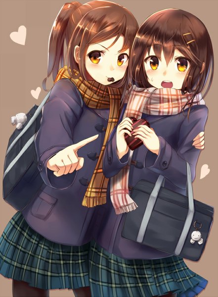 Anime picture 735x1000 with original sakura ani long hair tall image blush fringe open mouth simple background brown hair standing multiple girls holding ponytail orange eyes hug mouth hold outstretched arm valentine pointing brown background