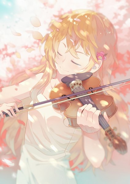 Anime picture 1202x1700 with shigatsu wa kimi no uso a-1 pictures miyazono kaori luo. single long hair tall image blush fringe blonde hair smile holding eyes closed hair flower playing instrument girl dress hair ornament flower (flowers) petals