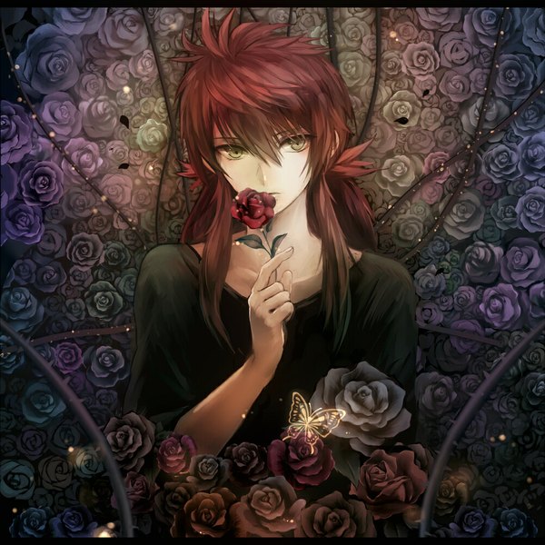 Anime picture 1000x1001 with yu yu hakusho kurama nishikawa (fe) single long hair tall image green eyes looking away red hair casual boy flower (flowers) rose (roses) insect butterfly red rose