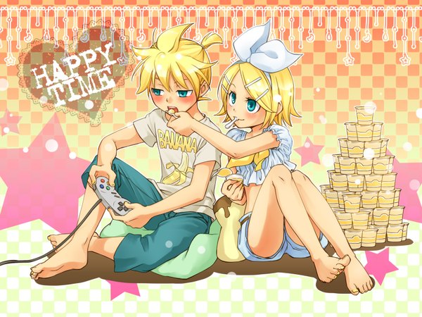 Anime picture 1600x1200 with vocaloid kagamine rin kagamine len junji blonde hair aqua eyes couple eating playing games girl