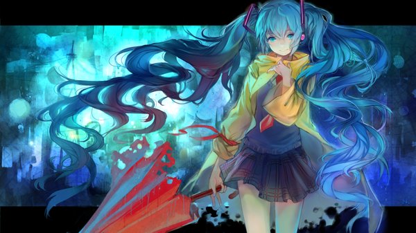 イラスト 1800x1013 と ボーカロイド 初音ミク 礫音 ソロ highres wide image ツインテール 青い髪 very long hair aqua eyes curly hair closed umbrella 女の子 スカート ミニスカート ジャケット 傘