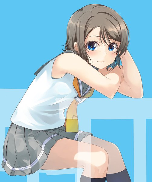 Anime picture 1225x1460 with love live! sunshine!! sunrise (studio) love live! watanabe you nanotsuki single tall image looking at viewer blush short hair blue eyes simple background brown hair sitting sleeveless blue background hand on head girl uniform socks