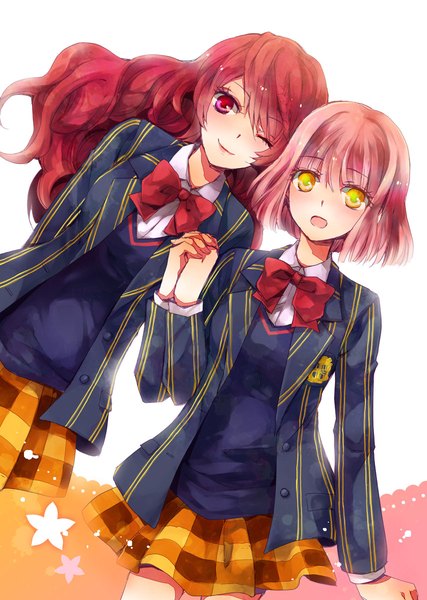Anime picture 855x1200 with uta no prince-sama a-1 pictures nanami haruka (uta no prince-sama) shibuya tomochika rishi (kurou) long hair tall image looking at viewer short hair open mouth simple background white background multiple girls yellow eyes pink hair red hair one eye closed pink eyes holding hands plaid skirt