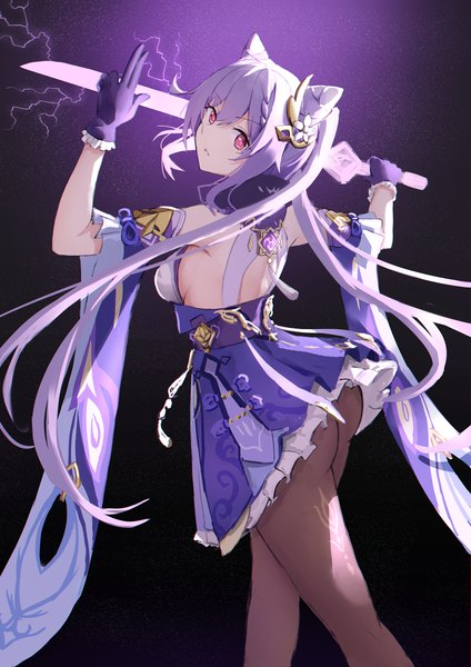 Anime picture 1670x2362 with genshin impact keqing (genshin impact) nyanko960121 single long hair tall image looking at viewer fringe breasts open mouth light erotic simple background hair between eyes standing purple eyes twintails bare shoulders holding purple hair ass