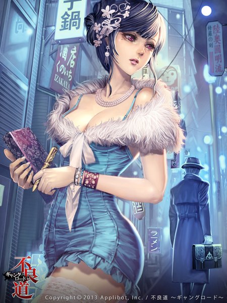 Anime picture 1600x2133 with furyou michi ~gang road~ original xaxak tall image short hair breasts black hair red eyes bare shoulders looking away cleavage lipstick back city girl thighhighs dress boy gloves hair ornament
