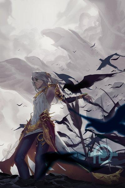 Anime picture 600x900 with carciphona veloce visrin shilin long hair tall image standing looking away silver hair ponytail outstretched arm flying fantasy fog girl animal belt armor bird (birds) dragon arrow (arrows)