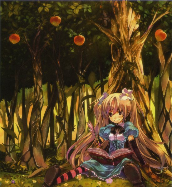 Anime picture 1674x1824 with pixiv girls collection 2010 long hair tall image blonde hair brown hair sitting purple eyes twintails brown eyes pink eyes hair flower light smile scan striped girl thighhighs dress gloves hair ornament flower (flowers)