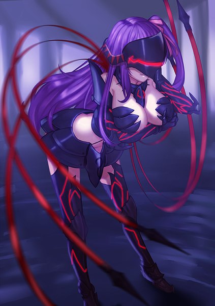 Anime picture 595x842 with fate (series) fate/stay night fate/zero matou sakura sakura (berserker install) whitem (whiteemperor2020) single long hair tall image fringe breasts light erotic large breasts payot cleavage purple hair arm up light smile blurry leaning