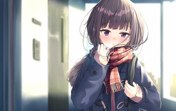 Anime picture 2224x1404 with original n2 (yf33) single long hair looking at viewer blush fringe highres black hair purple eyes upper body exhalation girl scarf coat red scarf plaid scarf