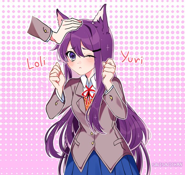 Anime picture 1000x948 with doki doki literature club yuri (doki doki literature club) savi (byakushimc) long hair looking at viewer blush fringe simple background hair between eyes standing purple eyes signed animal ears purple hair long sleeves pleated skirt one eye closed cat ears inscription arms up