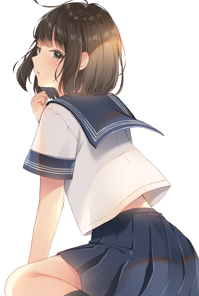 Anime picture 876x1300 with original noda shuha single tall image looking at viewer blush fringe short hair open mouth simple background brown hair standing white background sitting brown eyes bent knee (knees) blunt bangs pleated skirt looking back arm support
