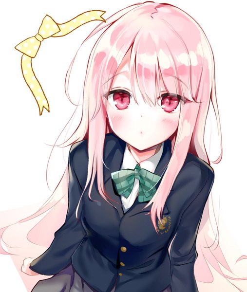 Anime picture 1261x1491 with original youta single long hair tall image looking at viewer blush fringe simple background hair between eyes white background sitting pink hair pink eyes :o girl uniform school uniform bowtie blazer