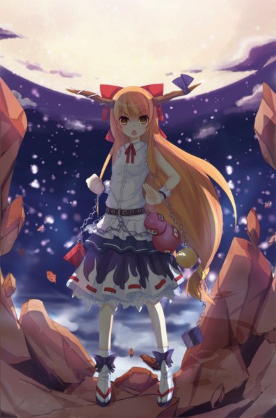 Anime picture 1000x1509 with touhou ibuki suika icywood single tall image looking at viewer open mouth brown hair yellow eyes very long hair horn (horns) night girl dress bow hair bow moon