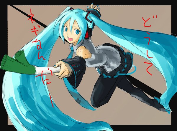 Anime picture 1133x841 with vocaloid hatsune miku tetsu (kimuchi) single looking at viewer fringe open mouth blue eyes simple background hair between eyes twintails blue hair very long hair nail polish :d text border spread arms outside border girl