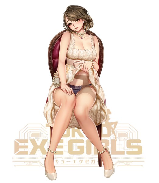 Anime picture 870x1000 with tokyo exe girls hirao remi masami chie single tall image looking at viewer blush short hair breasts light erotic brown hair large breasts white background sitting bare shoulders brown eyes parted lips head tilt copyright name dress lift